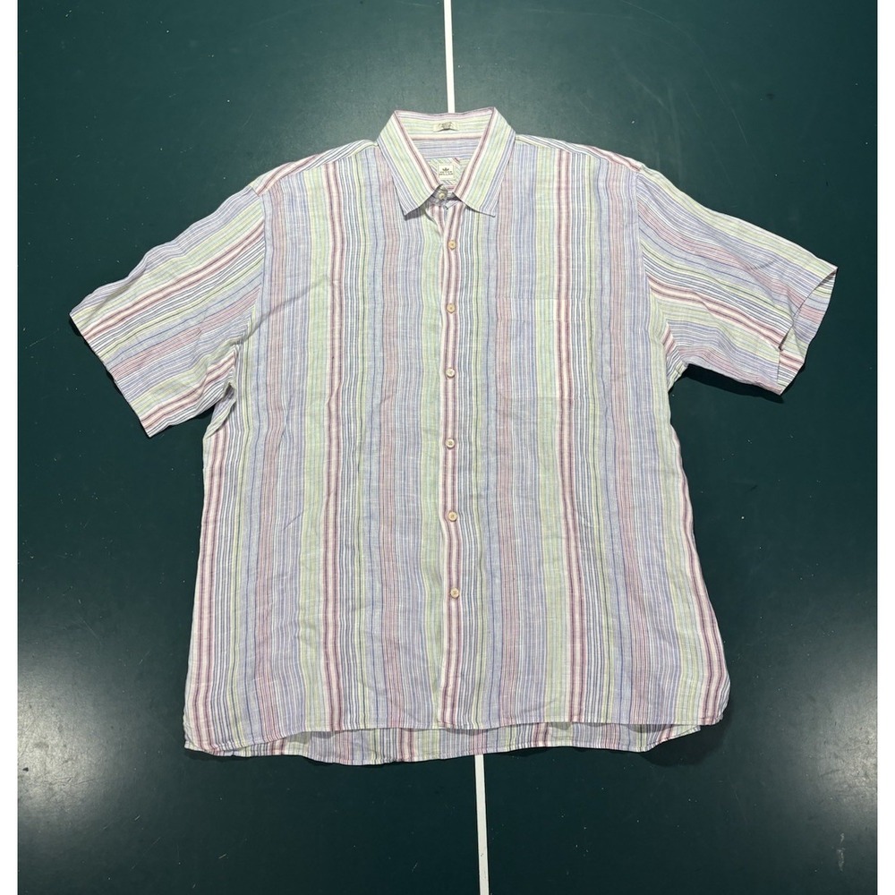 Peter Millar 100% Linen Short Sleeve Button Down Shirt Men's XL Striped Pastel